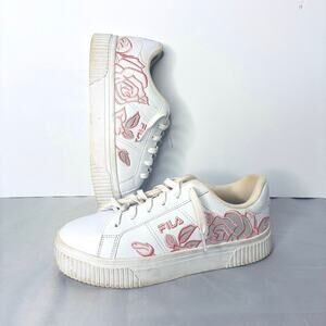 Fila Women's Panache Pink Embroidery White Leather Sneakers  Size 8.5 Coquette